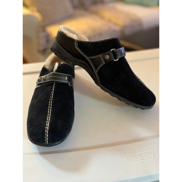 Cole Haan Women's Black Suede Slip On Mules Shearling Lining Sz. 8B Warm Cozy - Picture 4 of 12
